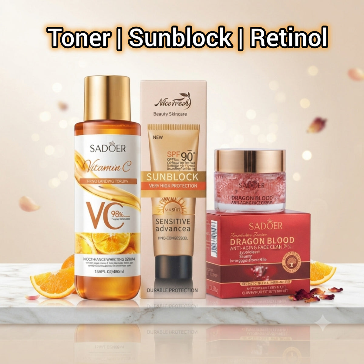 Combo Trio | Vitamin C Toner + SPF 90 Sunblock + Retinol Dragon Blood Cream